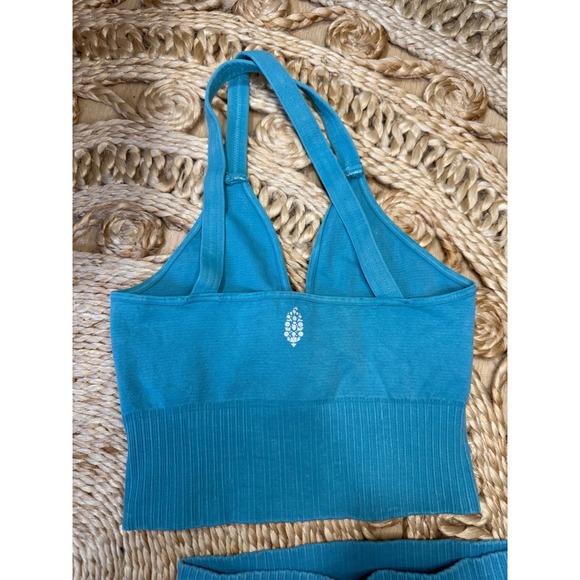 Free People Movement Good Karma Set Turquoise Blue Ribbed Leggings Crop Top XS/S - Picture 2 of 5